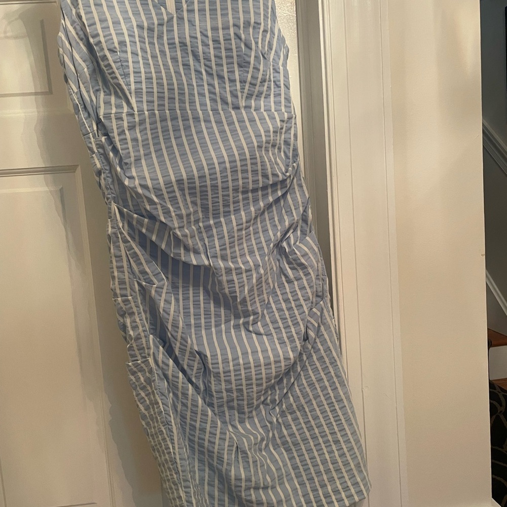 Sara Campbell Sky Blue and White Striped Midi Dress